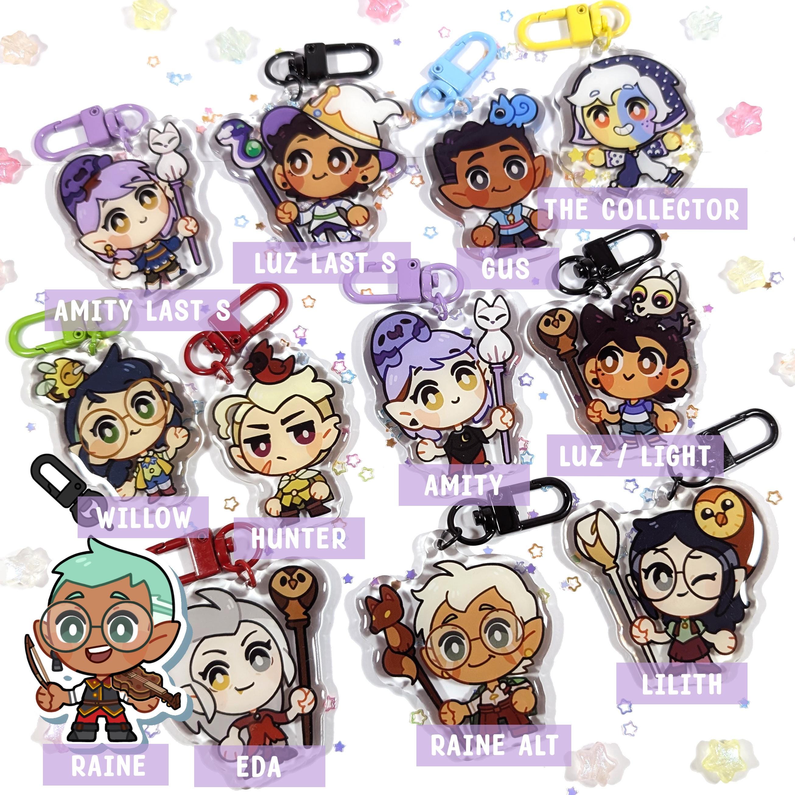 Amity, Luz, Hunter, Willow, Eda, Lilith, the Colletor, Gus and Raine. The Owl House keychains epoxy
