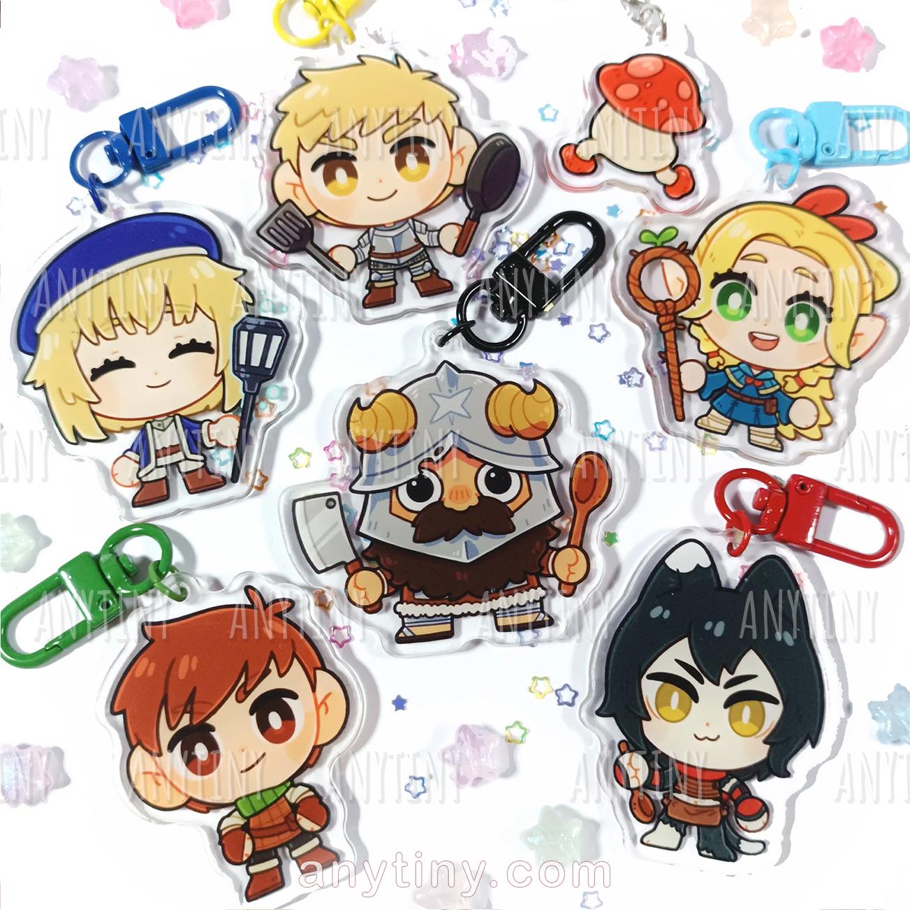 Delicious in Dungeon, keychain! Dungeon Meshi. Marcille, Falin, Laios, Chilchuck, Senshi and mushroom!!