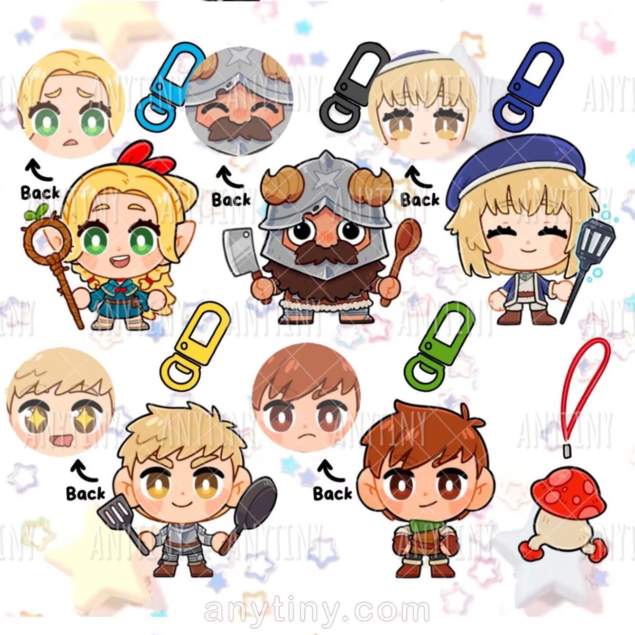 Delicious in Dungeon, keychain! Dungeon Meshi. Marcille, Falin, Laios, Chilchuck, Senshi and mushroom!!