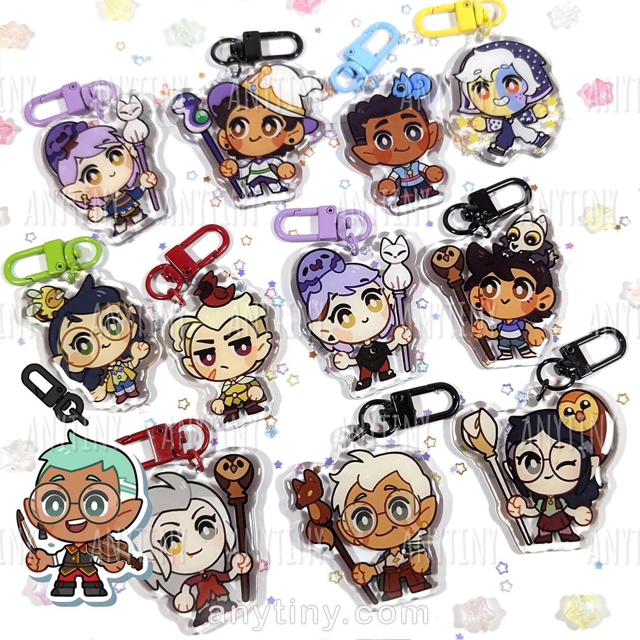 Amity, Luz, Hunter, Willow, Eda, Lilith, the Colletor, Gus and Raine. The Owl House keychains epoxy