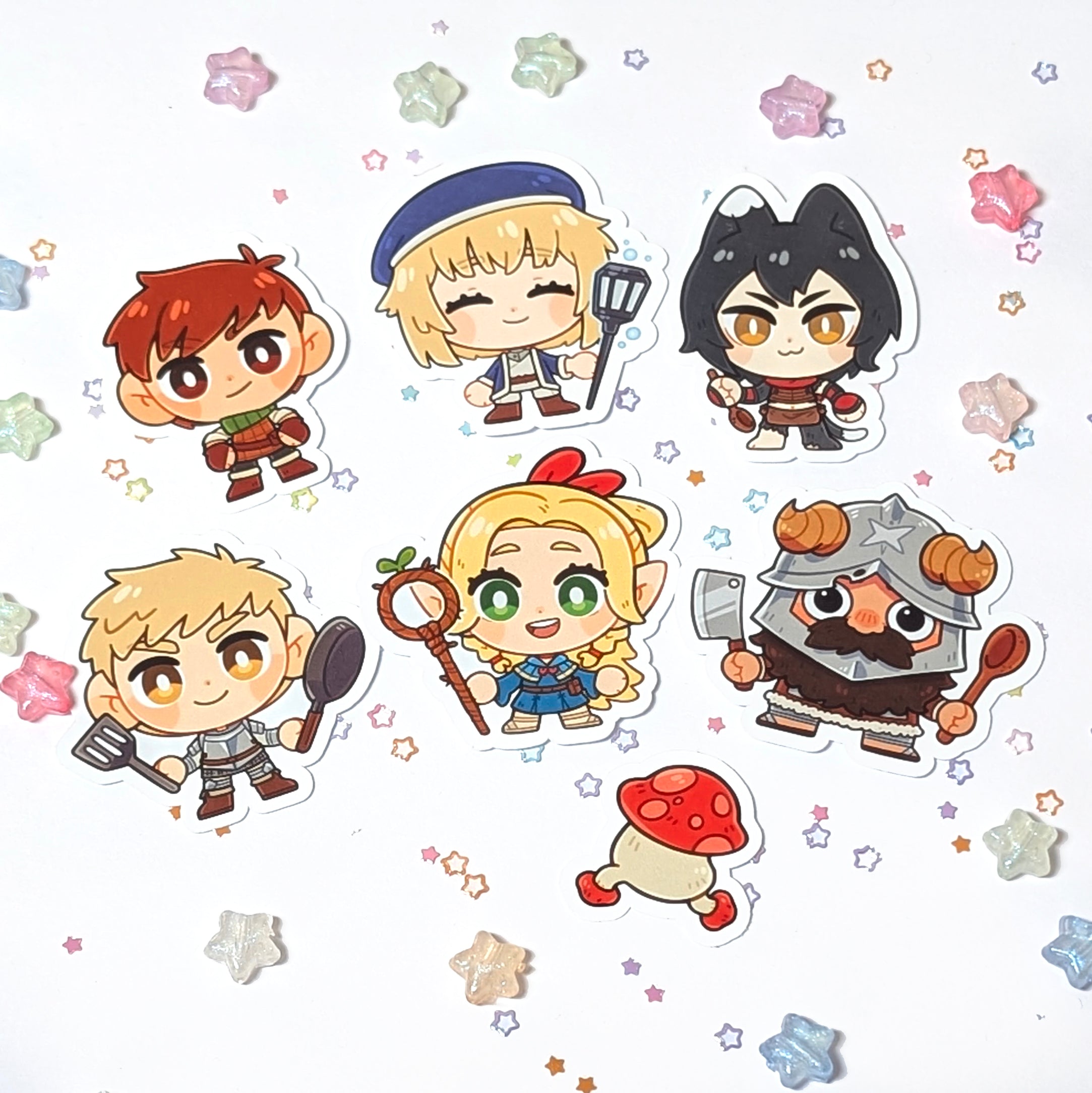 Dungeon Meshi keychains and Stickers